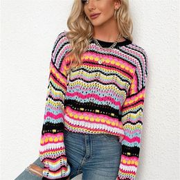 Aproms Multi Colour Blocked Knitted Pullover Women Summer Casual Flare Sleeve Hollow Out Sweater Cool Girls Fashion Jumper 220811