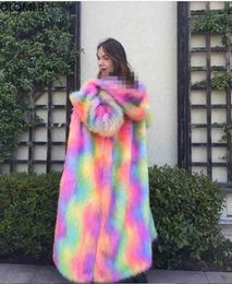 Trench Coat Womens Rainbow Outwear Mixed-colors Hooded Fur Furry Parka Noble Long Warm Winter Thicken 5Styles 2022 T220810