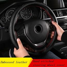 Steering Wheel Covers 38CM Embossed Genuine Leather Braid On Car Cover Soft Cowhide Universal Hand Sewing CoverSteering