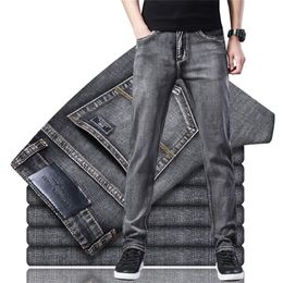Men Stretch Regular Fit Jeans Business Casual Classic Style Fashion Denim Trousers Male Black Blue Grey Pants 220811