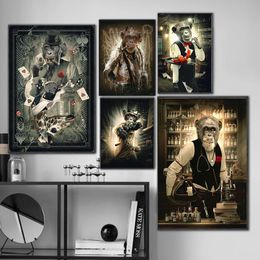 Graffiti Art Canvas Painting Prints Smoking Monkey Playing Cards Billiard Room Bar Abstract Animal Wall Art Posters Parlour Decor