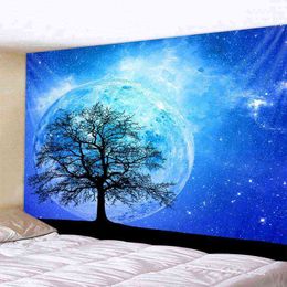 Forest Night Sky Tapestry Starry Wall Hanging Rugs Home Room Decoration Psychedelic Scene Hippie Leaves J220804