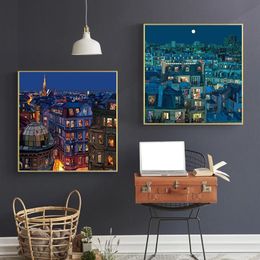 Vintage Modern Canvas Painting Pierpaolo Rovero Posters City Night View Prints Wall Art Pictures Room Home Wall Decor Cuadros