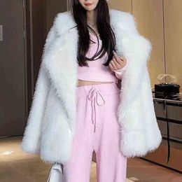 New Winter Women Faux Fur Coat Female Turn Down Collar Thick Warm Long Sleeve Jacket Yellow Elegant Girl Oversized Outerwear T220810