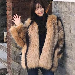 medium long women 2020 winter thick warm fake fur coats v-neck stripe Korean fashion faux fur coat A313 T220810