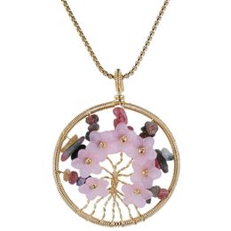 Pendant Necklaces Natural Crystal Stone Plastic Flower Round Necklace Gold Color Wire Wrap Tree Of Life Charm Women JewelryPendant