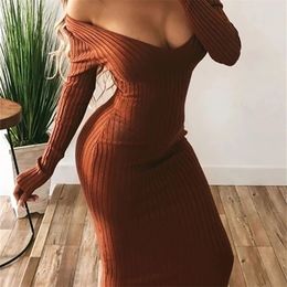 Forefair Winter Sexy Bodycon Midi Woman Dress Knitted Long Sleeve V Neck Party Elegant Robe Womens Dresses 220811