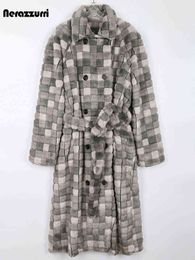 Nerazzurri Winter Long Oversized Checkered Thick Warm Fluffy Faux Fur Trench Coat for Women Belt Double Breasted Overcoat 2022 T220810