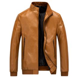 Men's Leather Jacket Biker Motorcycle Zipper Long Sleeve Coat Top Blouses Stand Collar Slim Jackets Male Bomber Jackets B01043