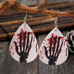 Halloween Palm Earring Charm Retro Hand Palm Blood Drop Printed Leather Earrings for Women Party Jewellery