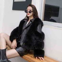 Winter Fashion Women's Real Fur Jacket with Real Sheepskin Leather Full Leather Natural Fur Jacket Luxury Biker Jacket T220810