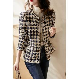 Korean small fragrance jacket womens short winter and spring French ladies allmatch houndstooth woven tweed coat jackets 220811