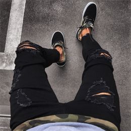 Fashion Mens Cool Designer Black Ripped Skinny Jeans Destroyed Frayed Slim Fit Denim Pant Zipper Hop Pants Holes For Men 220811