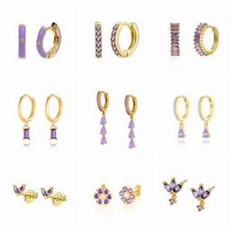 Hoop & Huggie Pendientes Oorbellen Purple Zircon Cartilage Circle Earrings For Women Luxury 18k Plated Golded Drop Earring JewerlyHoop