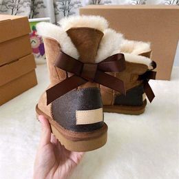 -Stivali da neve per bambini invernali per bambini nuovi stivali a split di mucca firmati congiuntamente scarpe caviglie vera in pelle marrone fiore boot311b
