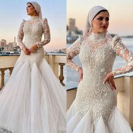 3D Floral Appliques Mermaid Wedding Dress Muslim High Neck Long Sleeve Lace Bride Dresses Robe De Mariee Bridal Gowns Real Image