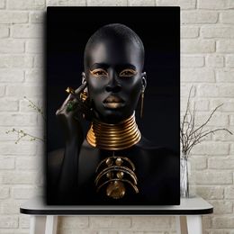 Nordic Style Canvas Painting Black Gold African Art Woman Posters and Prints Scandinavian Wall Picture for Living Room Decor