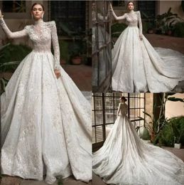 2023 novos vestidos de casamento de luxo alta pescoço mangas compridas fulle renda miçangas tule vestidos de casamento vestido de noiva bc5491