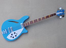 Blue semi-hollow 4 strings electric bass guitar with Rosewood fretboard