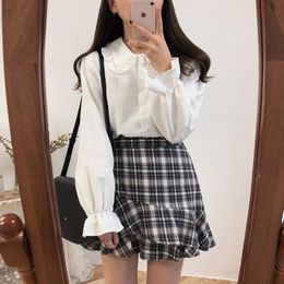 Women's Blouses & Shirts Leisure Kawaii White Button Lapel Cardigan Top Lady Loose Long Sleeve Spring And Autumn Korean Women's Ruffle B