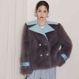 Fashion Thick Warm Fur Coat Of Women 2022 Winter New Light Luxury Greyish purple Splicing Outwear Elegant Fake Fur Female Jacket T220810
