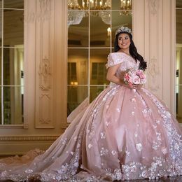 Pink Princess Ball Gown Quinceanera Dresses Sparkly Pearls Sweet 16 Dress Vestidos De 15 Anos For Birthday Party