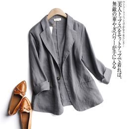 Suit Blazer Basic Cotton Linen Three Quarter Single Button Womens Jacket Spring Korean Fashion Casual Short Jackets Coat 220811