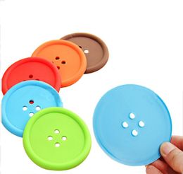 wholesale Creative 6 Colours Round Soft rubber Cup mat Lovely Button shape Silicone Coasters household Tableware Placemat DH97