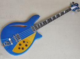 4 Strings Metallic Blue Semi-hollow Electric Bass Guitar with Rosewood Fretboard Can be Customised
