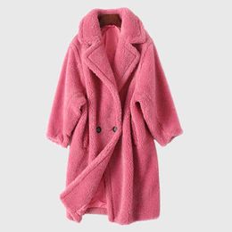 Luxury Real Wool Coat Jacket Women High Quality Winter Sheep Shearling Long Coat With Pocket Loose Plush OverCoat With Hoodies T220810