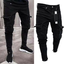 Men Biker Ripped Long Denim Trousers Skinny Jeans Pants Destroyed StretchyBlack Pants 220811