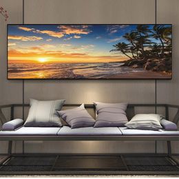 Landscape Canvas Painting Poster Sunset Beach Tree Seascape Painting Print Living Room Tropical Island Sunrise Pictures Wall Art