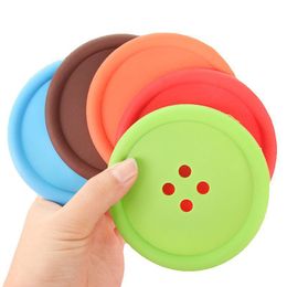 wholesale Creative 6 Colours Round Soft rubber Cup mat Lovely Button shape Silicone Coasters household Tableware Placemat DH9743