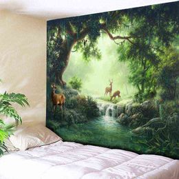 Boho Tapestry Carpet Chic Landscape Home Decor Streaming Elk Walking Forest J220804