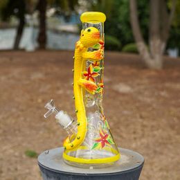In Stock 3D Yellow Lizard Style Hookahs Straight Tube Glass Bongs Dab Rigs With Bowl Diffused Downstem 18mm Water Pipes Glow In The Dark