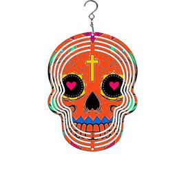 Wholesale Sublimation Metal Wind Spinner Skull Shape Heat Transfer White Blank Aluminum Wind Bell Double Side 10inch Diameter Christmas Tree Pendants 1mm Thick