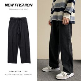 Autumn Streetwear Baggy Jeans Men Korean Fashion Loose Straight Wide Leg Pants Male Brand Clothing Black Light Blue 220811