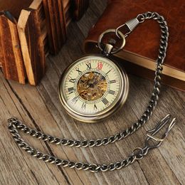 Pocket Watches Vintage Capless Mechanical Watch Automatic Self-winding Roman Numeral Dial Pendant Clock Bronze Thick ChainPocket