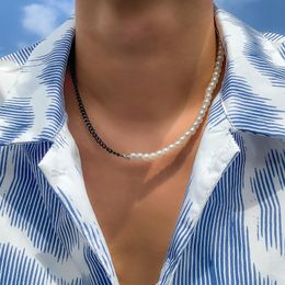 Chokers Punk Black Chain Splice White Pearl Beads Necklace Men Trendy Beaded Choker For Women Fashion Jewelry On The NeckChokers