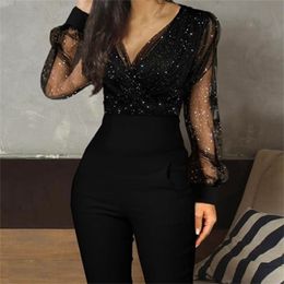 Deep V Neck Mesh Long Sleeve Jumpsuit Overall Women Jumpsuit Black Elegant Sequins Glitter Party Night Sexy Bodysuits 220811