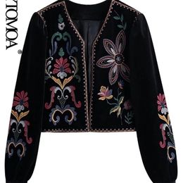 KPYTOMOA Women Fashion Contrast Embroidery Velvet Crop Open Blazer Coat Vintage Long Sleeve Female Outerwear Chic Veste Femme 220811