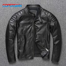Top Layer 100% Cowhide Leather Mens Stand Collar Motorcycle Clothes Youth Autumn and Winter Large Size Jacket 220811