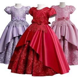 Girl's Dresses Flower Solid Embroidery Wedding Party Evening For Girls Halloween Elegant Princess Costume Children Clothing 4-12 YGirl's