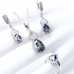 Natural Rainbow Jewellery Sets 925 Sterling Silver Stones Wedding Earrings For Women Bracelet Necklace Rings Set Gifts Box 220818239S