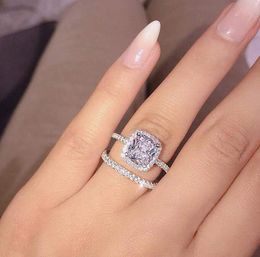 2pcs Ring Set For Women Couple Cubic Zirconia Square Ring Lovers Jewellery Bridal Wedding Engagement Romantic Jewellry Gift