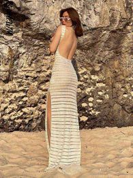 Women Sexy Hollow Out Backless Slit Knitted Dress 2022 Summer Fashion Casual Solid Bodycon Sleeveless Dress Female Resort Wear T220816
