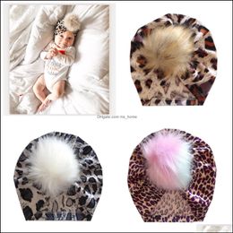 Caps Hats M312 New Autumn Winter Infant Baby Hat Kids Faux Fur Ball Leopard Colorf Children Flocking Skl Cap Turban Drop Del Mxhome Dhw2U