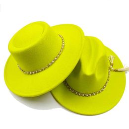 Berets Fluorescence Yellow Fedoras Hats For Women Men Pearl Belt Lady Wide Brim Panama Cap Fedora Bump Top And Jazz CowboyBerets BeretsBeret