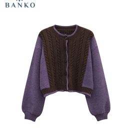 Women Autumn Winter Crewneck Contrast Colour Puff Long Sleeve Knitwear Coat Loose Casual Lady Knitted Cardigan Sweater W220817
