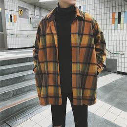 Fashion Men Plaid Shirt Casual Loose Wool Jacket Coat Long Sleeve s Clothing Streetwear 220818